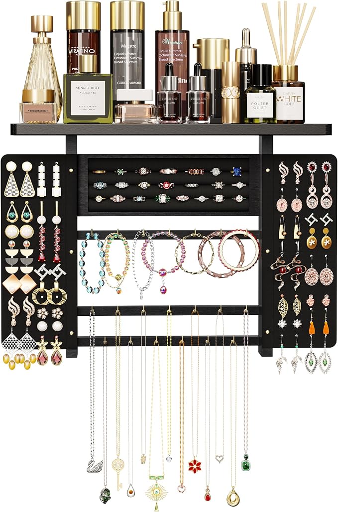 Emfogo Jewelry Organizer Hanging Wall Mounted Jewelry Holder, 5-in-1 Large Capacity Necklace Organizer Wall Display for Ring, Necklaces, Bracelets, Earrings(Black)