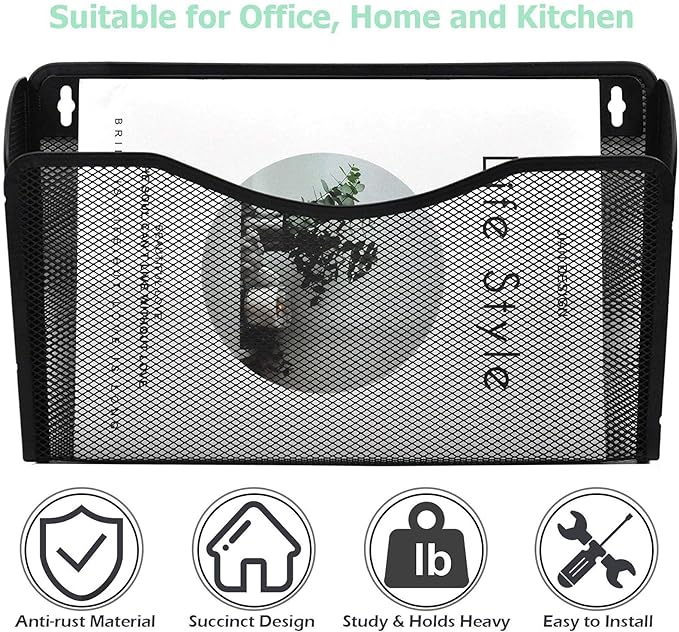 EASEPRES 3 Single Pocket Mesh Hanging File Organizer, Vertical Wall Mounted Magazine File Holder, Mount Basket Mail Paper Document Folder Organizing for Office, Home and School, Black