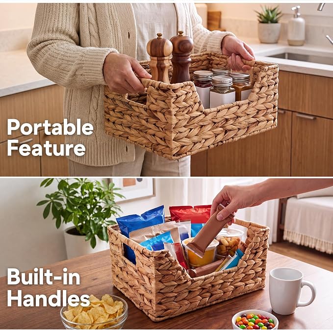 Mifoci Water Hyacinth Wicker Storage Basket with Open Front Stackable Bin Basket and Handles for Pantry Shelves Gift Toys Decorative Natural Rectangular Handwoven Basket for Home Decor