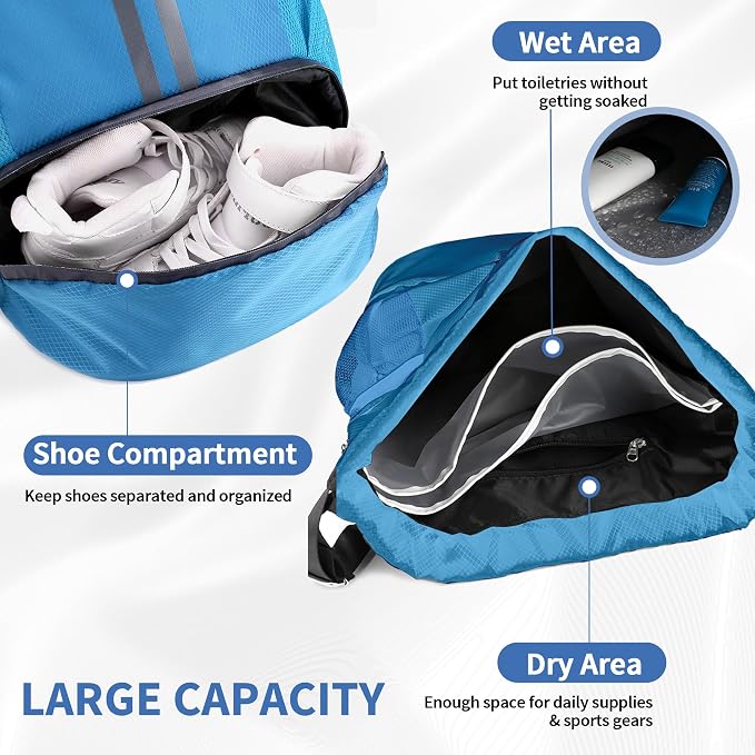 JELUTAR Drawstring Backpack Gym Bag with Shoes Compartment for Soccer, Basketball, Swim, Water-Resistant String Backpack Beach Cinch for Women Men, Sky Blue