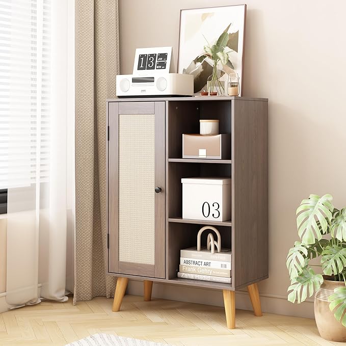 Multifunctional Wooden Storage Cabinet with Rattan Doors, Home Large Capacity Magazine and Book Storage Shenanigans (Oak)