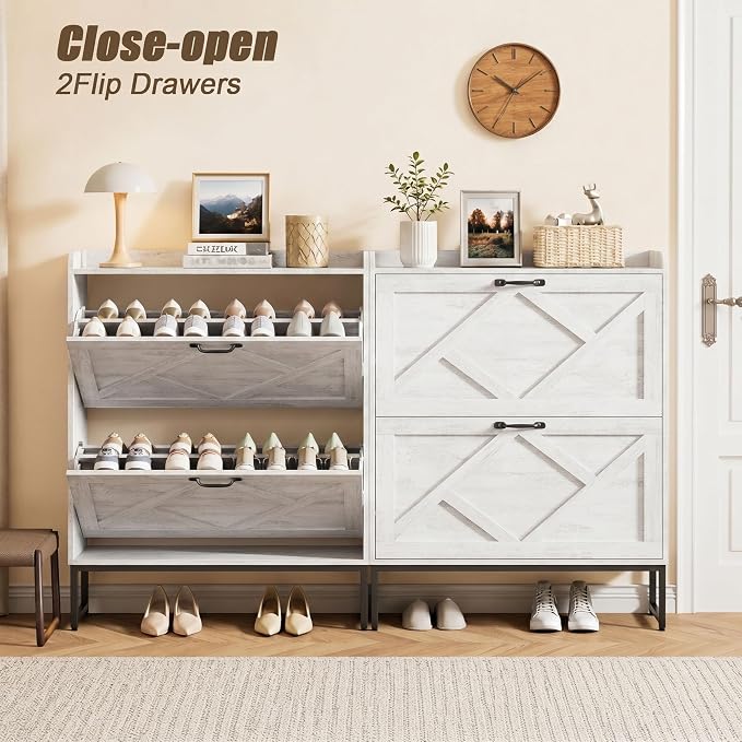 Nicetree Shoe Cabinet Storage for Entryway, Slim Shoe Storage Cabient with 2 Flip Drawers, Narrow Vertical Shoe Rack Cabinet with Metal Hooks, Small Space Solution for Hallway, White