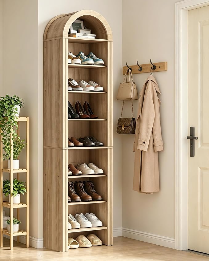 CHOEZON 71" Tall Arched Shoe Cabinet, 8-Tier Shoe Storage Cabinet, Shoe Rack with 3 Adjustable Shelves, Freestanding Shoe Organizer for Entryway, Foyer, Hallway, and Living Room, Natural MSC04NL