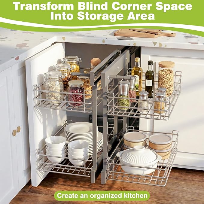 Blind Corner Pull Out Organizer for 32" Cabinet Left Open & Right Open Compatible 2 Tier 4 Shelves Adjustable Height