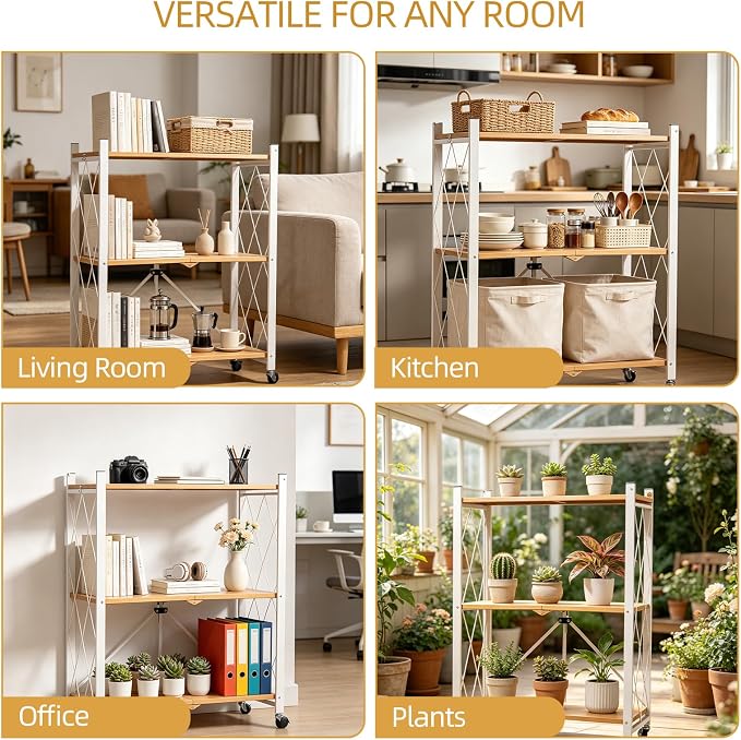 3-Tier Folding Storage Shelves with Wheels – No Assembly, Heavy Duty Collapsible Rolling Shelf Unit for Kitchen, Bedroom, Living Room