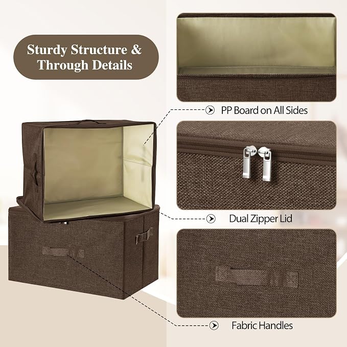 ANMINY 2PCS Storage Bins with Zipper Lids 36 Qt Lidded Fabric Storage Boxes Baskets Cubes with Handles Collapsible Washable Cotton Linen Closet Shelf Clothes Organizer Containers - Coffee, Large