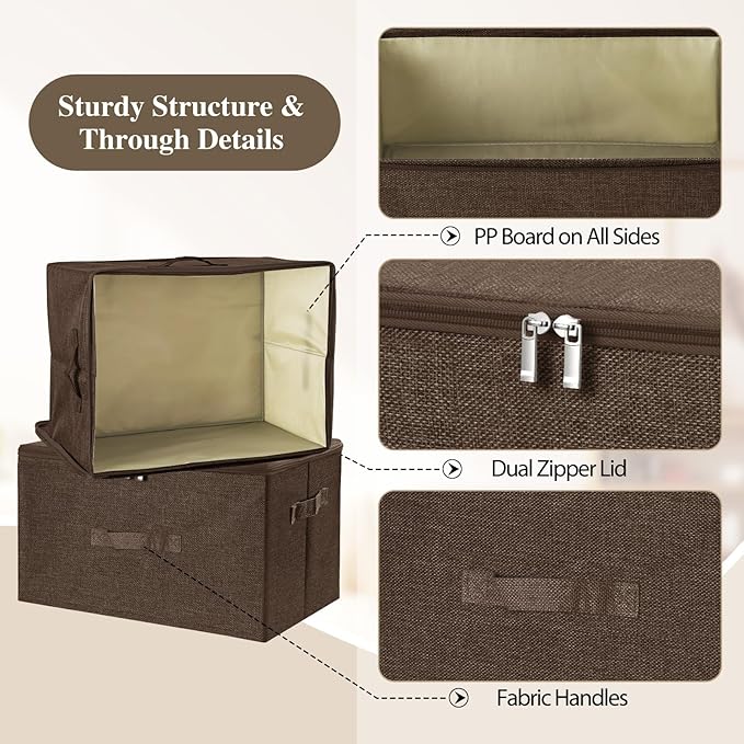 ANMINY 3PCS Storage Bins with Zipper Lids 51.9 Qt Lidded Fabric Storage Boxes Baskets Cubes with Handles Collapsible Washable Cotton Linen Closet Shelf Clothes Organizer - Coffee, Extra Large