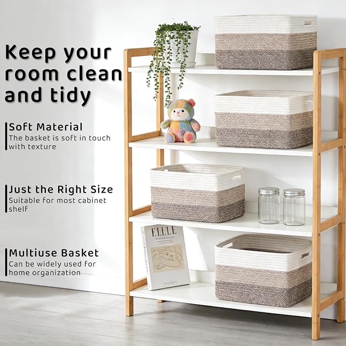 4 Pack Large Storage Baskets for Organizing, 16''Lx12''Wx8''H Woven Baskets for Storage Toys, Towels, Books, and Clothes, Cotton Rope Basket for Shelves with Handle