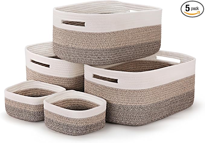 5-Pack Large Woven Rope Storage Baskets, 2 Sizes Organizer Bins | Fabric Cube Boxes and Rectangular Shallow Bins for Closet, Shelf, Bookshelf, Nursery, Changing Table, Bathroom, Toys & Home