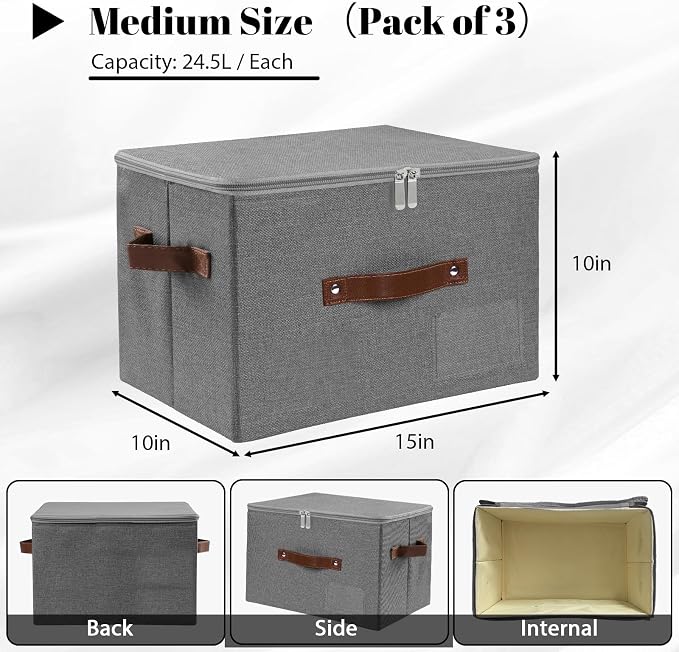 ANMINY Fabric Storage Box Bins with Zipper Lid, Washable Gray, 3PCS | Cotton Linen Fabric, PP Board Frame, Label Holder, Stackable & Foldable, PU Handles, Dual-Zipper 3-Side Open Lid, Medium