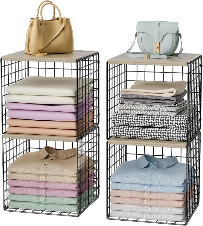 Hencawima 4-Tier Stackable Closet Organizers and Storage, Dual-Layer Reinforced Clothing Cube Shelves with Wood Tops, Sturdy Clothes Storage Bins & Shelf Basket for Wardrobe, Closet Organizer System
