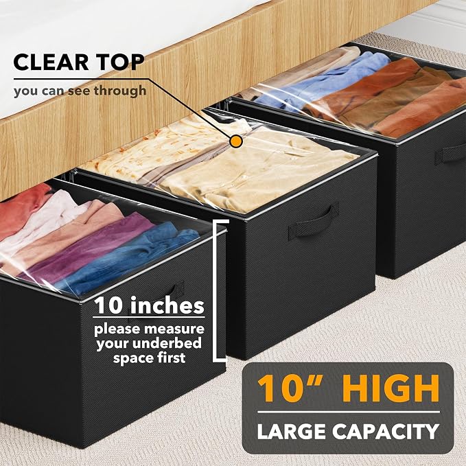 SpaceAid 3 Pack 10" High Under Bed Storage Containers, Large Underbed Storage Organizer Bins with Lids for Bedroom, Dorm, Clothes, Closet Organization, Bed Sheets and Blankets (Black)