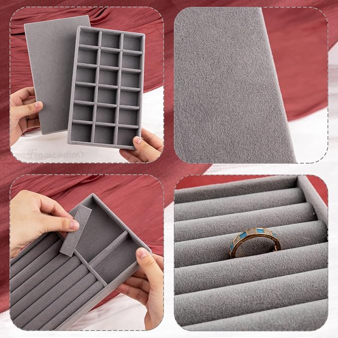 Framendino, 4 Pack Grey Velvet Jewelry Trays Stackable Organizer Drawer Inserts Container Display Case for Bracelets Necklaces