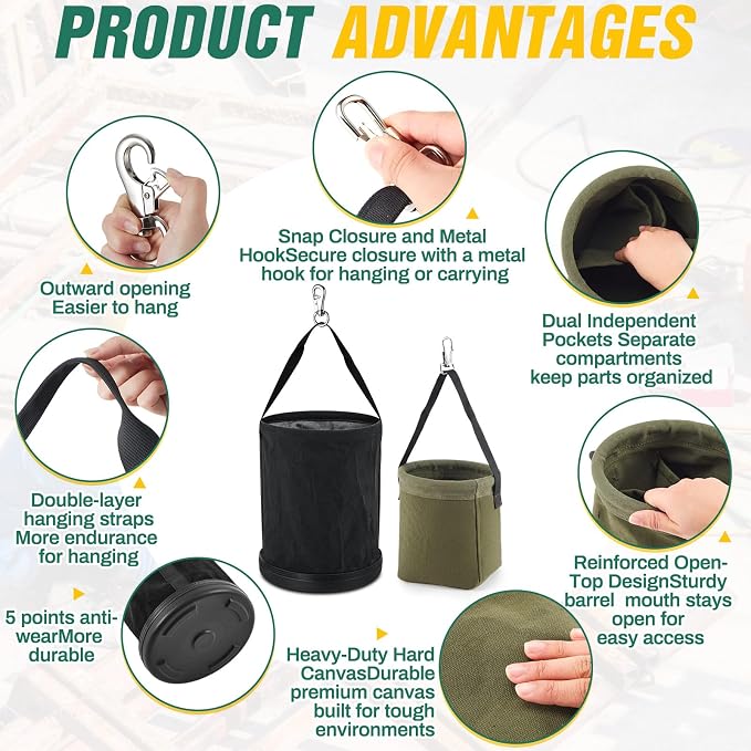 2 Pcs Lineman Canvas Tool Bucket Set Large Canvas Bucket and Mini Tapered Bottom Bag Electrician Aerial Work Tool Organizer with Plastic Bottom & Metal Hook