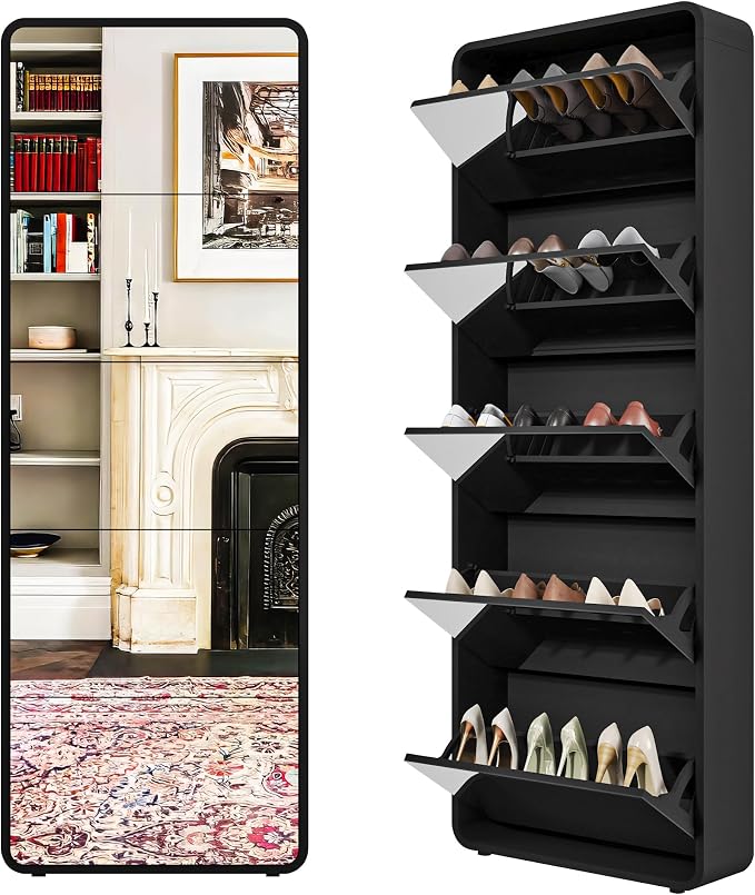 Mirror Shoe Storage Cabinet with 5 Flip Drawers, 15 Pairs | Real Glass Mirror | Fits Men's Size 15 | Entryway Organizer | Narrow Freestanding | Space-Saving | Black