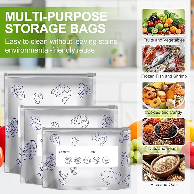 30Pcs Reusable Aluminum Foil Sealable Storage Bags, 2025 New Vacuum Zipper Pouches for Food with Label and Zip Lock, Aluminum Foil Bags for Food, Vegetable Fruit Meat (10*S+10*M+10*L)
