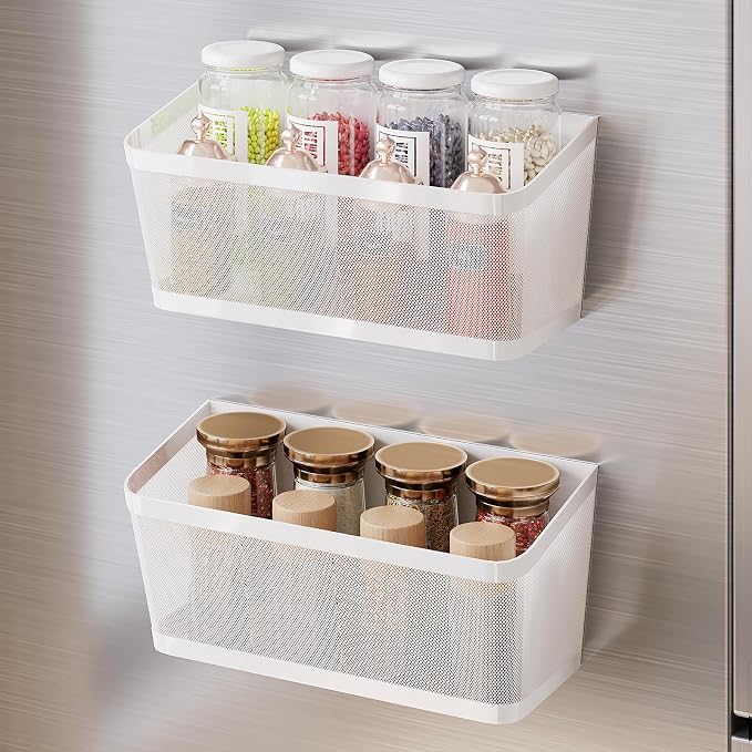 2Pcs Magnetic Spice Rack for Refrigerator, White Magnetic Shelves | Powerful Magnet Hanging Basket Holder, Magnetic Organizer Shelf for Fridge, For Seasonings Fruit Vegetables Coffee Beans