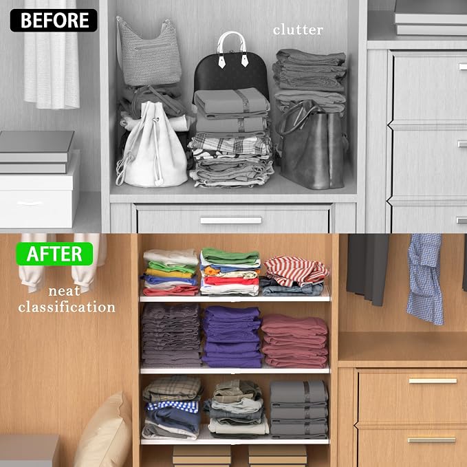 Expandable Closet Tension Shelves Organizers, Adjustable Shelf for Cabinet Rack Storage Wardrobe Divider Shelving for Pantry 2 Pack (Perforated White,W11.81 x L: 17" to 31")