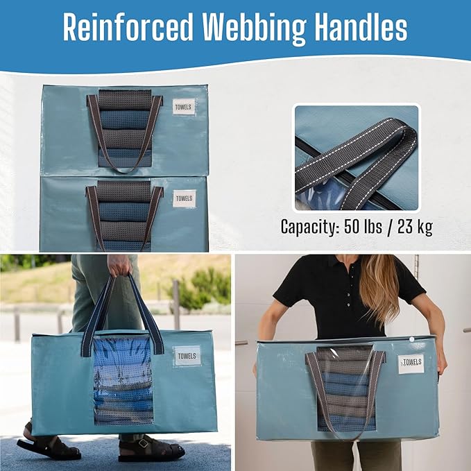 VENO 8 Pack Heavy Duty Moving Bags, Clothes and Comforter Storage Bags with Clear Window, College Dorm Essentials Packing Supplies, Foldable Boxes Alternative (Shiny Light Blue, 8 Pack)