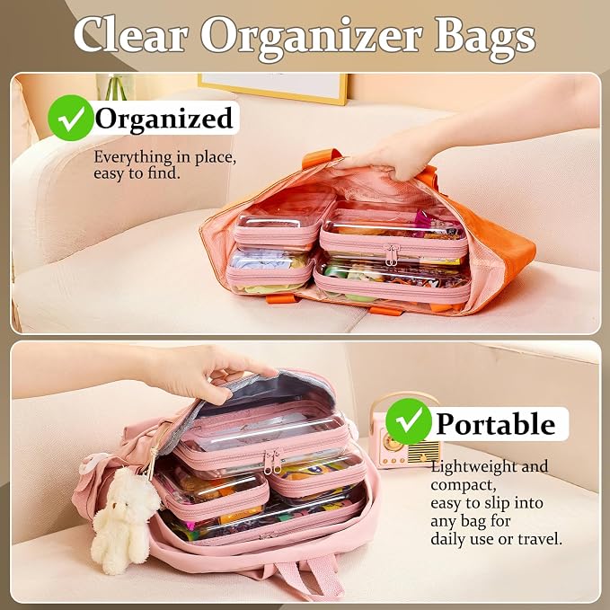 4 pcs Clear Zipper Pouches,Hard Shell Zipper Case, Toiletry Bag for Travel | CLear Diaper Bag, Toiletry Pouch, Travel Organizer, Cosmetic Bag,Toy Storage Bins (M+3S) (Light Pink)