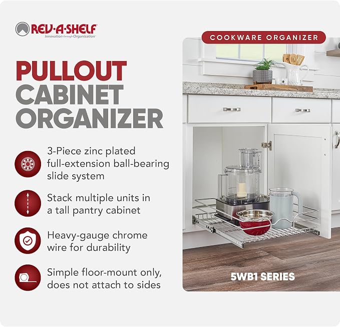 Rev-A-Shelf Steel Wire Pullout Drawer Organizer Shelf for Kitchen Cabinets, Slide Out Storage Basket, Min Opening Width of 14.5", 15" x 20", 5WB1-1520CR-1