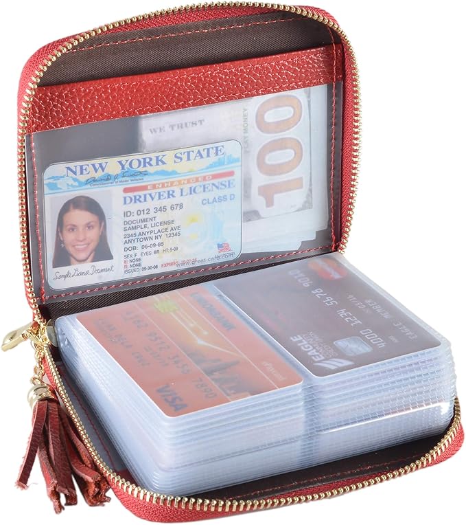 Easyoulife Womens Credit Card Holder Wallet Zip Leather Card Case RFID Blocking (Red)
