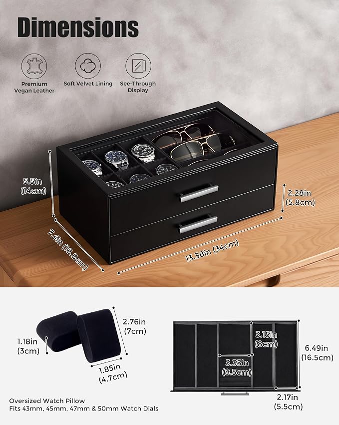 ProCase Watch Case, Mens Jewelry Box for 6 Watch & 5 Sunglasses -Black | Pull-Out Drawer 2-Tier Leather Watch Organizer with Glass Display Top, fit Watches Size Up to 50 mm, Gift for Men & Women