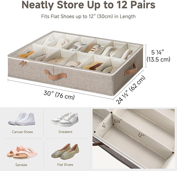 StorageWorks 2-Pack 24-Pair Under bed Shoe Storage Organizer, Taupe | Adjustable Dividers, Holds up to 12 Pairs Each, 5.25" Height, Fits 6-inch+ Clearance, Clear Top, For Closet, Bedroom