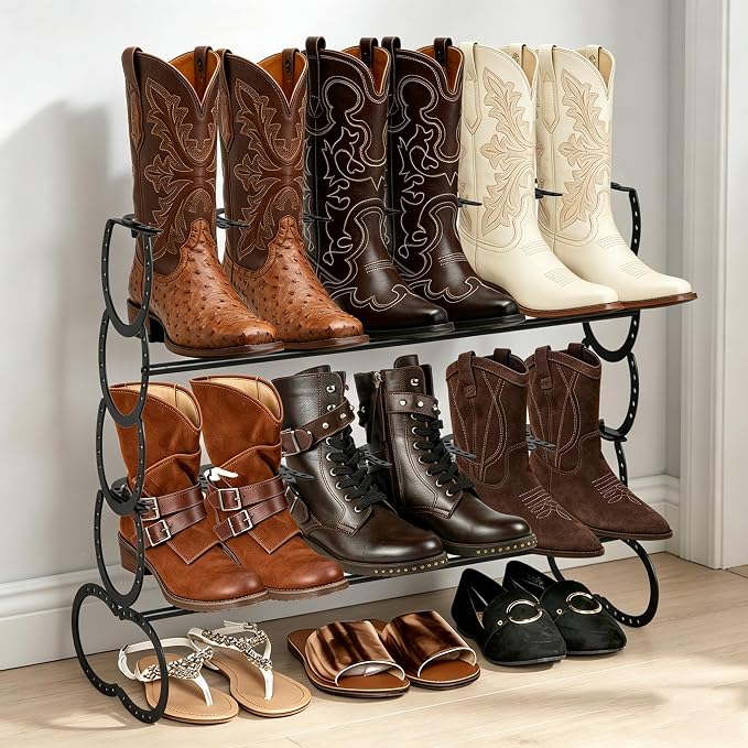 Cowboy Boot Rack 6 Pairs Horseshoe Boot Rack Cowboy Boots Storage Organizer Rustic Horseshoe Gifts Farmhouse Decor for Western Style Lovers Entryway Accessories (Two Level)