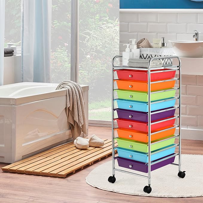 GOFLAME 10-Drawer Rolling Storage Drawer Cart, Utility Cart with Removable Drawers & Metal Frame, Mobile Art Craft Drawer Cart with Lockable Wheels for Home, Office, Studio, School, Multicolor