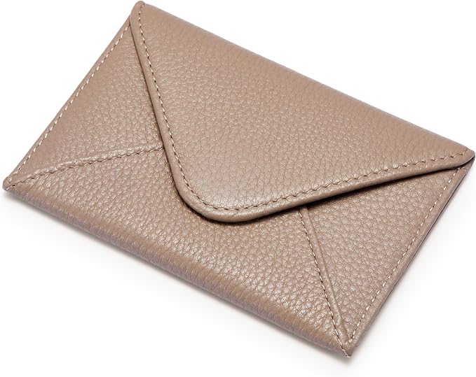 HISCOW Italian Pebbled Leather Business Card Holder, Minimalist Full Grain Envelope Card Case with Hidden Magnetic Closure, 0.19 Inch Slim Front Pocket Wallet for Men and Women, Taupe Grey