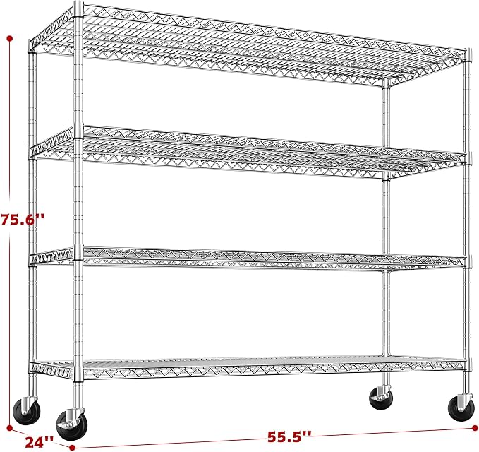 REIBII 55.5''W Storage Shelves 2500LBS Wire Shelving Unit with Wheels Heavy Duty Metal Shelves for Storage Adjustable Garage Storage Rack Pantry Shelf Kitchen Shelving, 75.6" H X 55.5''W X 24" D, 4PCS