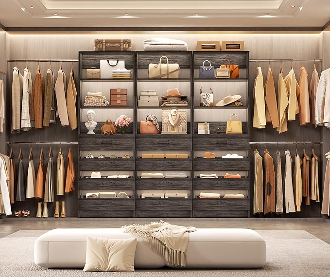 Aheaplus Closet System with 12 Drawers, 8.5-11.5Ft Wood Closet Organizer System with 4 Hanging Rods & 3 Towers, 4Ft & 6Ft L-Shaped Walk-in Closets Wardrobe Organizer Clothes Rack, Set of 3, Black Oak