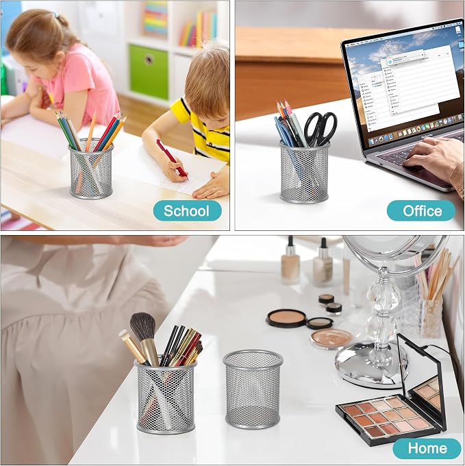 EasyPAG Pencil Holder for Desk, 2 Pack Metal Pen Organizer, Mesh Pencil Cup Organizer for Home, Office, Classroom, School, Silver