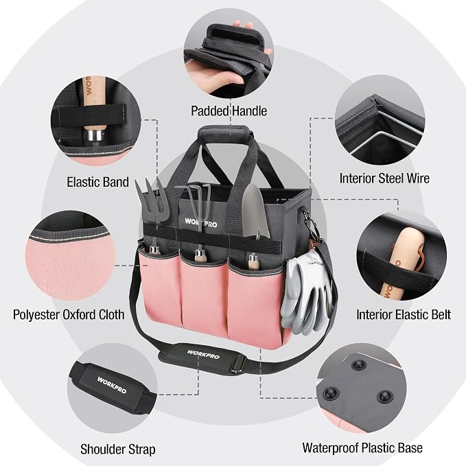 WORKPRO Garden Tool Bag, 10 Pockets and Shoulder Strap, Pink | Heavy Duty Gardening Organizer Tote Bag Standable Garden Home Tool Kits Organizer (Tools are not Included)