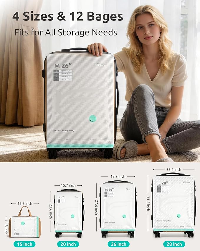 Vacuum Seal Storage Bags for Clothing Travel with Electric Pump, 12 Pack | 4 Sizes, Reusable Compression Packing Bag for Clothes, Blankets, Bedding, Cruise Ship Vacation Luggage & Suitcase Space Saver
