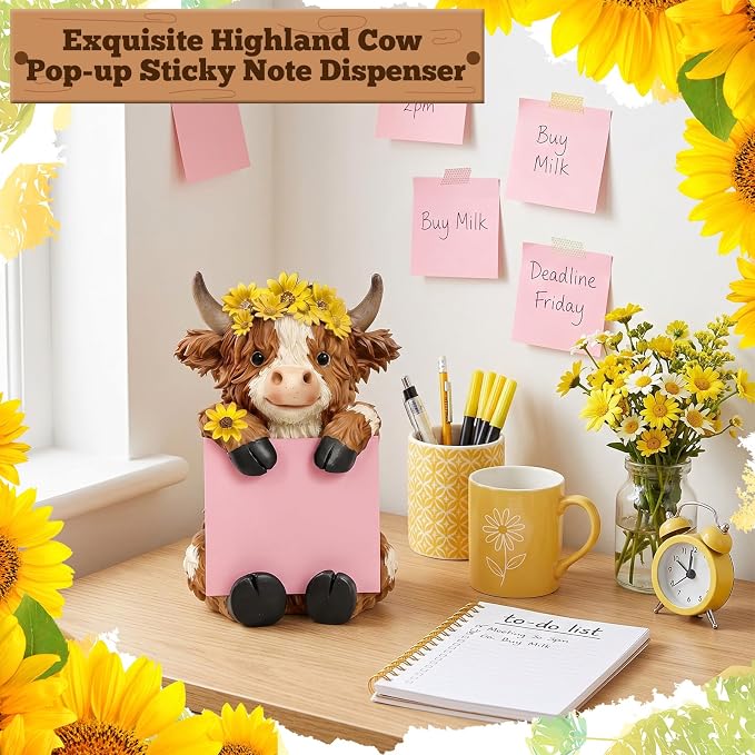Thenshop Fall Sunflower Highland Cow Pop up Sticky Note Holder Autumn Resin Highland Cow Note Dispenser with 100 Sheets 3 x 3 Inch Sticky Notes Desk Accessory for Fall Harvest Office Home