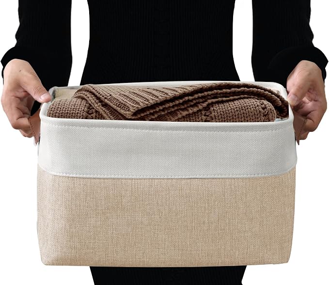 DECOMOMO Storage Bins, Extra Large Fabric Storage Baskets for Shelves, Decorative Linen Closet Organizer, 15.8 x 12.5 x 10 inches (Beige & White, 3 Pack)