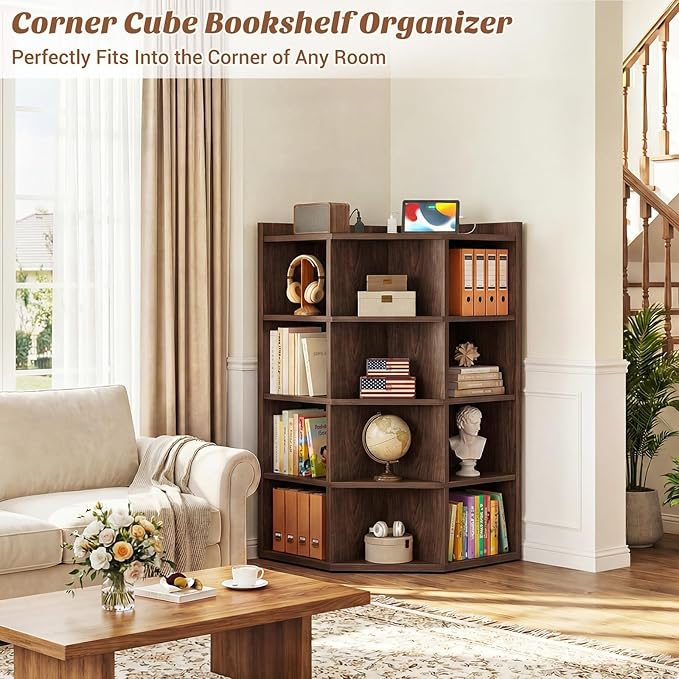 Aheaplus Corner Cube Book Shelf, 5-Tier Corner Cabinet with Power Outlets, Corner Cube Storage Shelf with Top Table, Wooden L Shaped Cubby Bookcase for Home Office, Bedroom, Living Room, Black Walnut