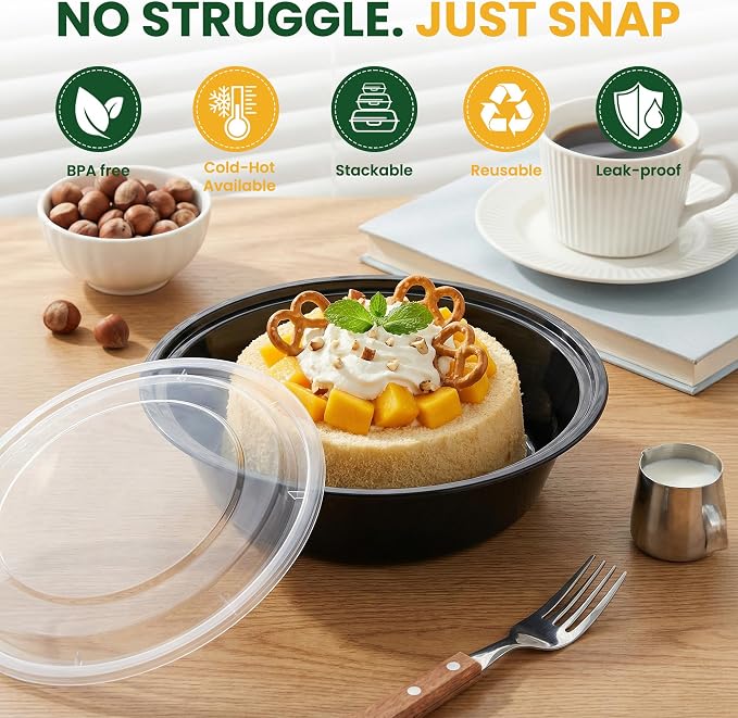 18oz Round 50-Pack Meal Prep Containers Reusable with Lids, To Go Take Out Plastic Food Storage Containers with Lids, Sturdy Leakproof & Food Safe, Microwave Freezer Dishwasher Safe Prep Containers