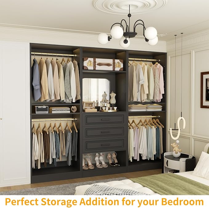 Unikito Modular Closet System with 3 Sets, 75”Closet Organizer System with Drawers, Mirror, Hanging Rods and Adjustable Shelves, Freestanding Wood Wardrobe Garment Rack, Walk in Closet Tower, Black