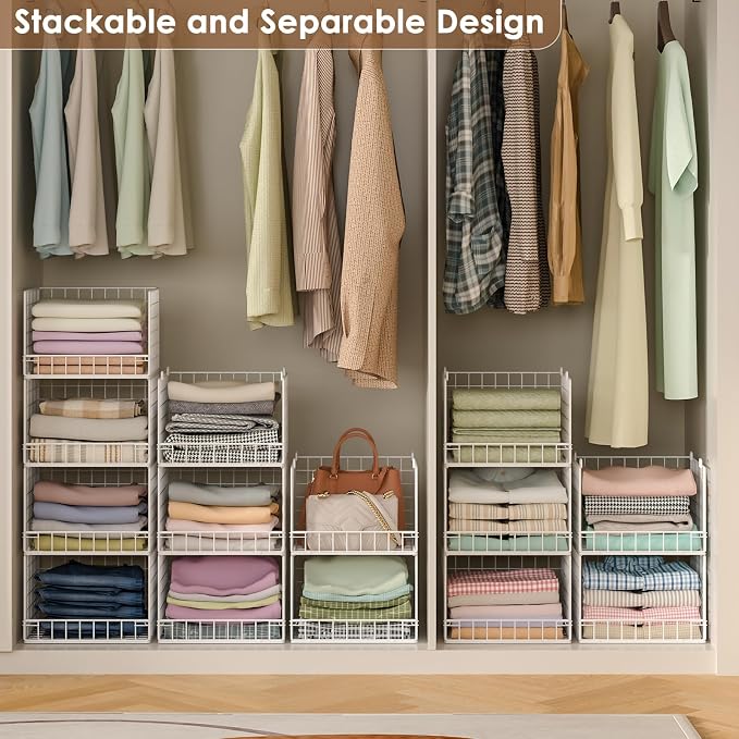 6-Tier Stackable Closet Organizers and Storage Baskets, Closet Shelf Organizer for Small Space, Space-Saving closet organizer system, Foldable Clothes Storage Bins for Closet Organizer System, White