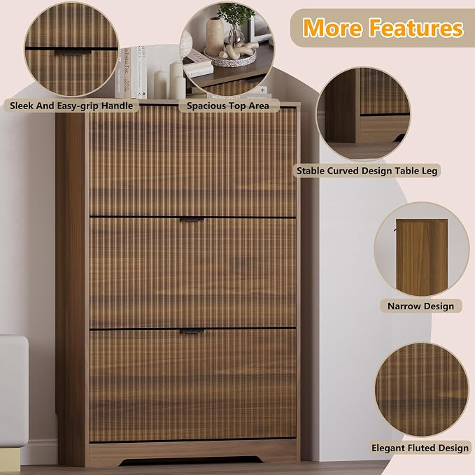 BORNOON Entryway Shoe Cabinet with 3 Flip Drawers, Narrow Shoe Organizer Cabinet with Fluted Panel and Adjustable Shelves for Foyer, Hallway
