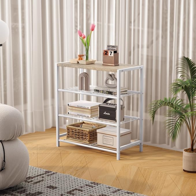 HOMEFORT 4-Tier Shoe Rack, Modern Industrial Shoe Storage Tower, Narrow Shoe Organizer for Closet Entryway, Small Shoe Rack Table with Durable Metal Shelves and MDF Top, White Oak