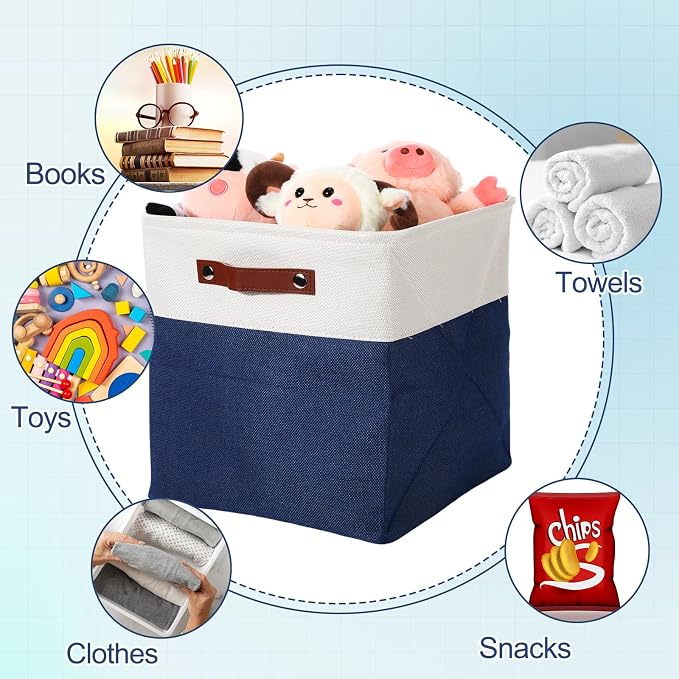 Uiifan 8 Pack 12 x 12 x 12 Inch Large Storage Baskets Collapsible Fabric Storage Cubes Bins with Handles for Shelves Closets Nursery Home Clothes Toys Organizers, Blue