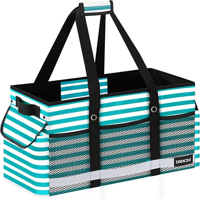 Extra Large Utility Tote Bag with Reflective Strip, Standing Reusable Grocery Bags with Hard Bottom, Collapsible Utility Tote with Handles for Shopping, Beach, Picnics, Car, Striped Green