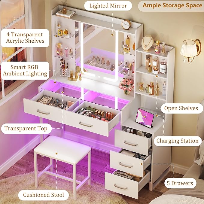 HUAHUU Vanity Desk with Mirror and Lights 3 Colors, 43.3" Makeup Vanity with Glass Top & RGB Light, White Vanity Table Set with Stool, 5 Drawers & Power Outlet for Bedroom Dressing Room