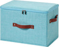 Storage Bin Box with Zippered Lid Cotton Linen Fabric Decorative Basket with PU Leather Handles PP Plastic Board Foldable Lidded Clothing Shelf Closet Organizer Container (Blue, Large)