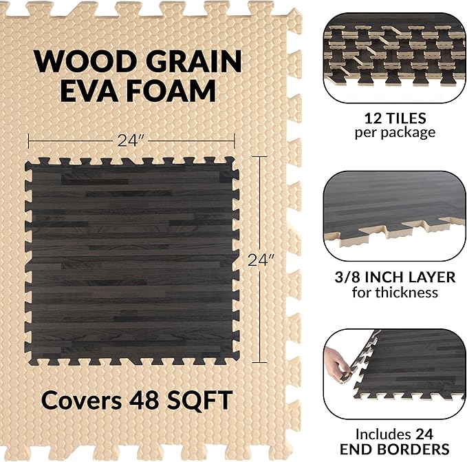 EVA Foam Floor Tiles 12-Pack - 48 SQFT Woodgrain Puzzle Mats for Floor - Interlocking Foam Tiles for Family Room or Gym Flooring by Stalwart (Black)