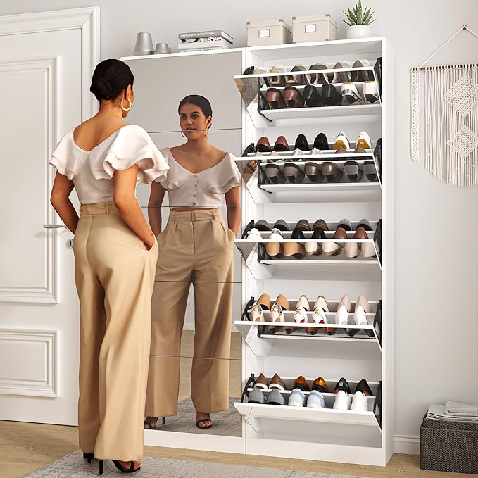 Mirrored Shoe Storage Cabinet with 5 Flip Drawers, 30 Pairs | Real Glass Mirror | Fits Men's Size 15 | Narrow Floor Standing | Entryway Organizer | Space-Saving | White
